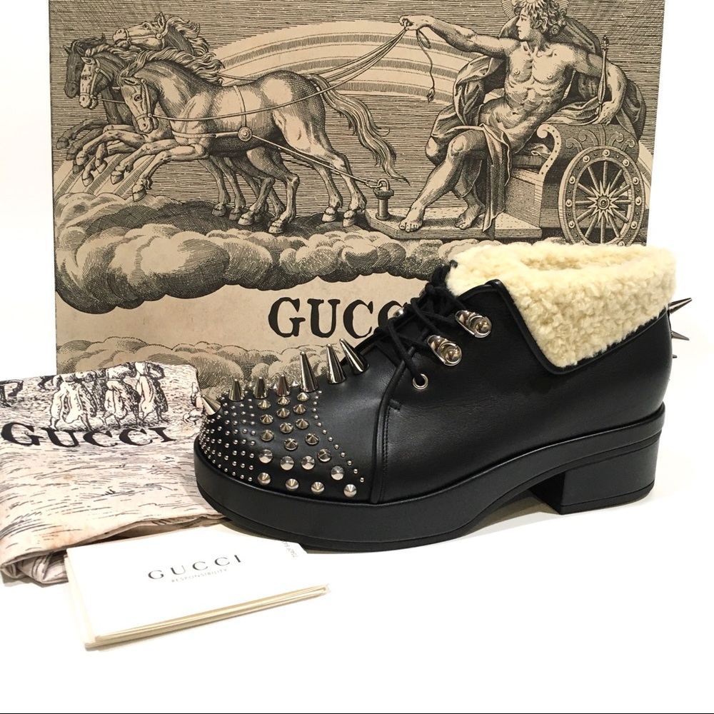 GUCCI Studded Ankle Boots -Black Leather -Faux Fur Lined -US 7 -NIB